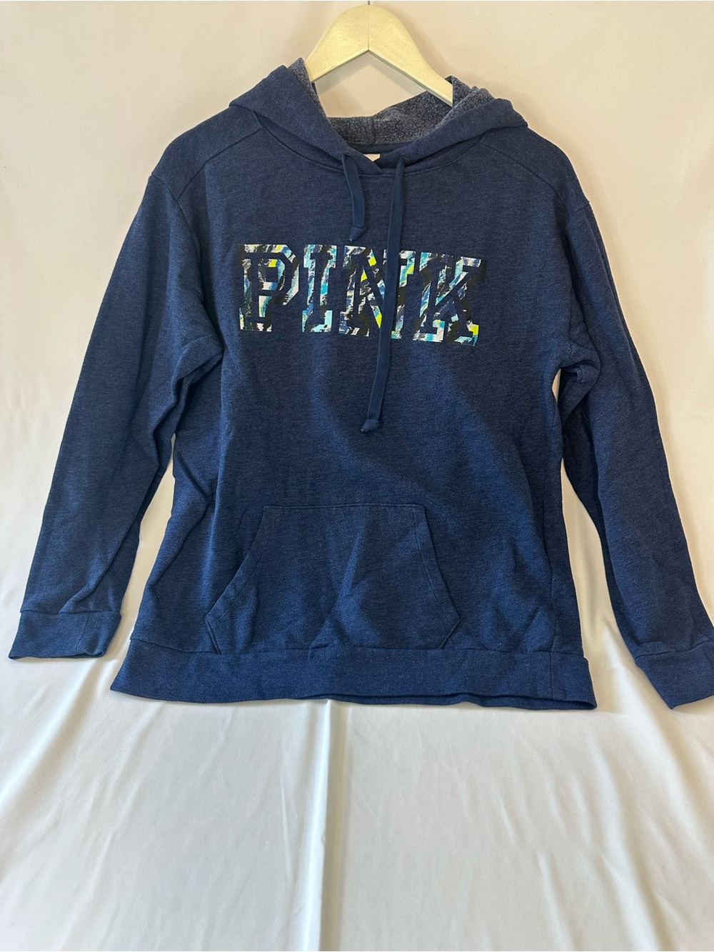 PINK Victoria's Secret Heather Navy Hooded Pullover with Graphic Logo